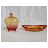 Amberina Covered Candy Dish and Relish Dish