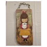 Folk Art School Girl Painting on Rustic Wood