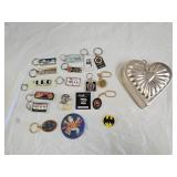 Vintage Keychains, Buttons and Jello Mold