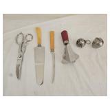 Bakelite Knives & Chopper, Scissors, Tea Strainers