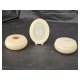 Ant. Celluloid Powder Jar, Hair Receiver & Frame