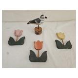 Painted Wood Carved Shorebird and Tulips