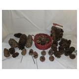 Assorted Sized Pine Cones, Wicker Basket
