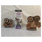 2 Wood Slice Owls, Glass Watering Sphere