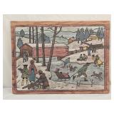 Folk Art Winter Scene Painted on Wood Panel