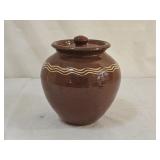 6" Folk Art Glazed Redware Pottery Covered Jar