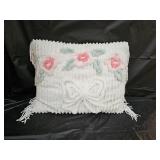 Vintage 17" White Floral Chenile Pillow