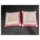 2 9" Vintage Embroidered Redwork Quilt Pillows