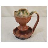 5" G Shooner Folk Art Redware Pottery Grease Lamp