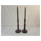 2 Early American Hand Turned Wooden Candle Holders