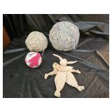 2 Vintage Primitive Rag Balls, Folk Art Rabbit