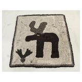 Primitive Folk Art Moose and Bird Motif Hook Rug