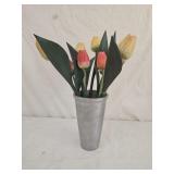 Vintage Aluminum Vase and Wood Tulip Flowers