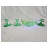 Vtg Green Depression Glass Bowl & Candle Holders