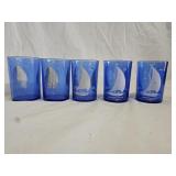 5 Vintage Hazal Atlas Cobalt Blue Sailboat Glasses