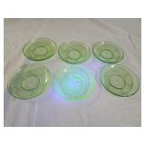 6 Vintage Federal Green Uranium Glass Saucers
