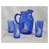 Vintage Hazal Atlas Cobalt Blue Pitcher & Tumblers