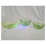 3 Vintage Green Uranium Glass Serving Bowls