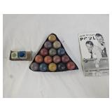 Vintage 1" Miniature Pool Balls, Rack, Book, Chalk