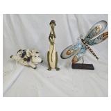 Cow Birdhouse, Frog Statue, Dragonfly