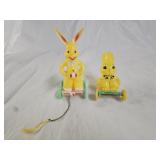 2 Vintage Hard Plastic Easter Bunny Pull Toys