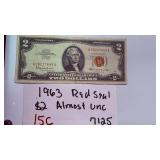1963 Red Seal 2 Dollar Bill Almost Unc