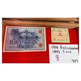 1908 German Reichsbanknote and 1943 Italy Lire