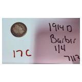 1914-D Barber Silver Quarter Key Date