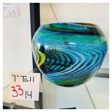 Hand Blown Art Glass Bowl Blue Green Swirl 7in