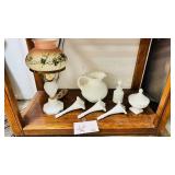 Milk Glass Lot Hobnail Lamp Pitcher Epergne 7pc