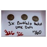 3 Buffalo Nickels Unknown Dates Worn