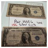 Pair 1935 G One Dollar Silver Certificates