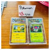 Pikachu and Rabsca Pokemon Cards Cased Pair