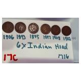 6 Indian Head Pennies 1890 to 1908 Lot