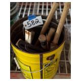 Bucket of Assorted Hammers, Hatchets and Tools
