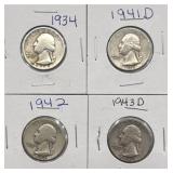 (4) 1934-43 Washington Quarters