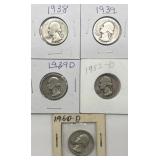(5) 1938-60 Washington Quarters