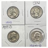 (4) 1941-64 Washington Quarters