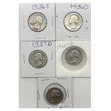(5) 1936-62 Washington Quarters