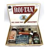 Vintage Glass Bottles and Tin in Cigar Box