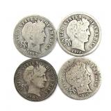 (4) Barber Dimes : 1909, 1912, 1905, and 1910-D