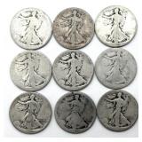 (9) Damaged Walking Liberty Half Dollars