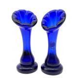 Pair of Blue Art Glass Vases 6.5"
