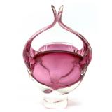 Art Glass Pink and Clear Basket 8.5"