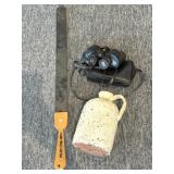 Razor Strap with Wood Handle, Stoneware Jug, and