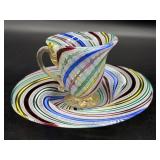 Murano Latticino and Gold Flecks Art Glass Cup