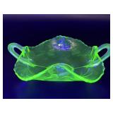 Uranium Glass Strawberry Pattern Handled Dish 7"