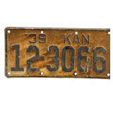 1939 Kansas License Plate - Sumner County