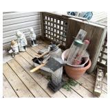 (3) Concrete Statues, Planter, Bird Feeders