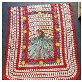 Vintage Chenille Red with Colorful Peacock